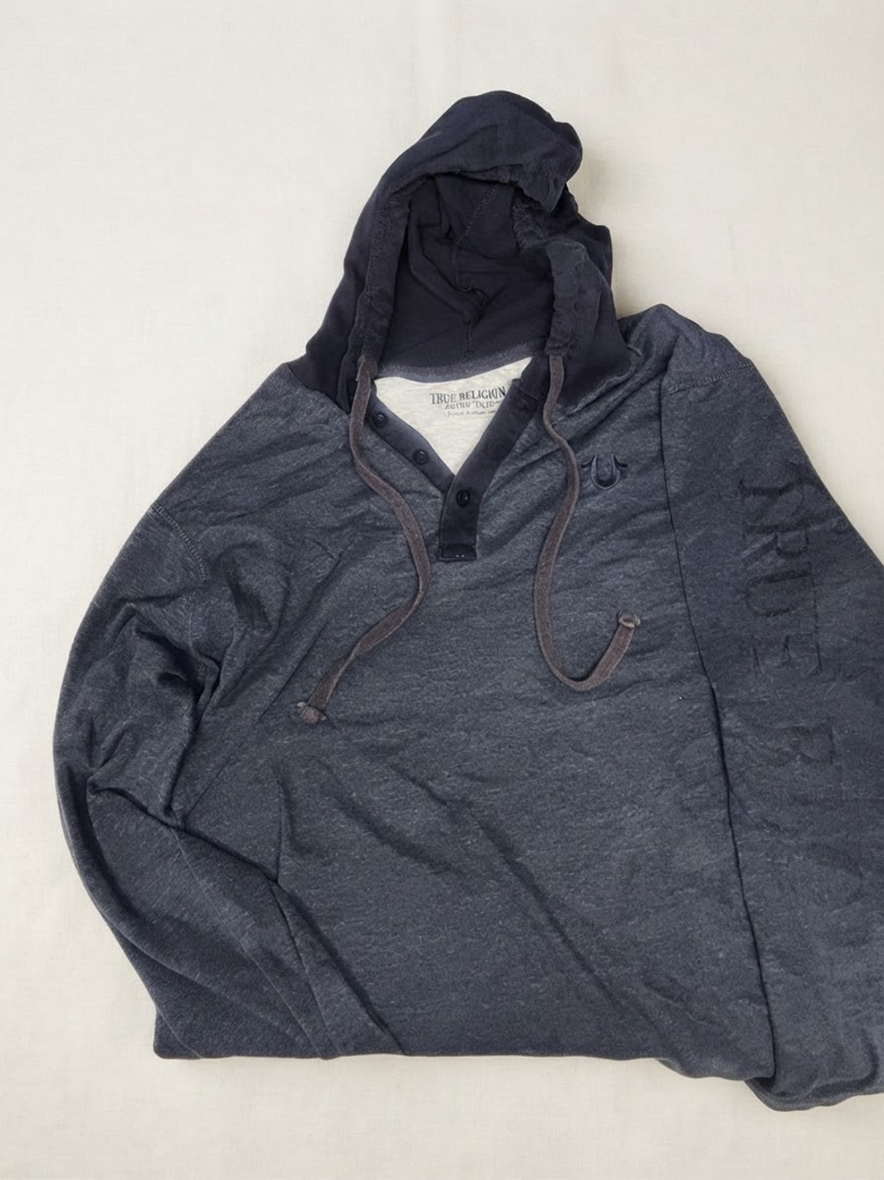True Religion Navy Henley Hoodie with Drawstrings
